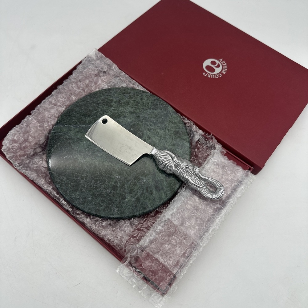 Vintage Arthur Court Elephant 2 Piece Cheese Serving Set Green Stone Tray NEW